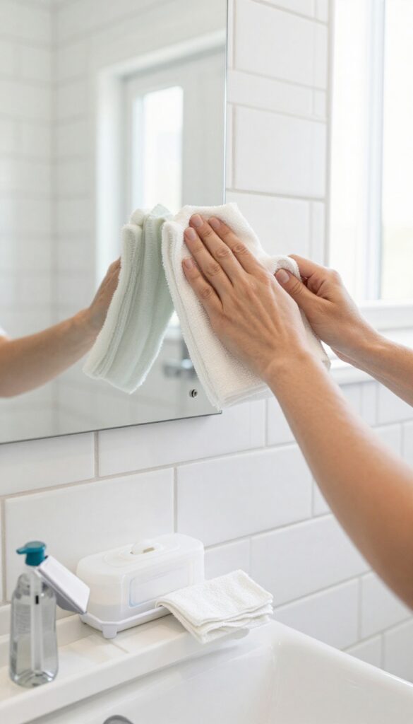 Hand wiping a bathroom mirror with a microfiber cloth, with a cleaning caddy nearby