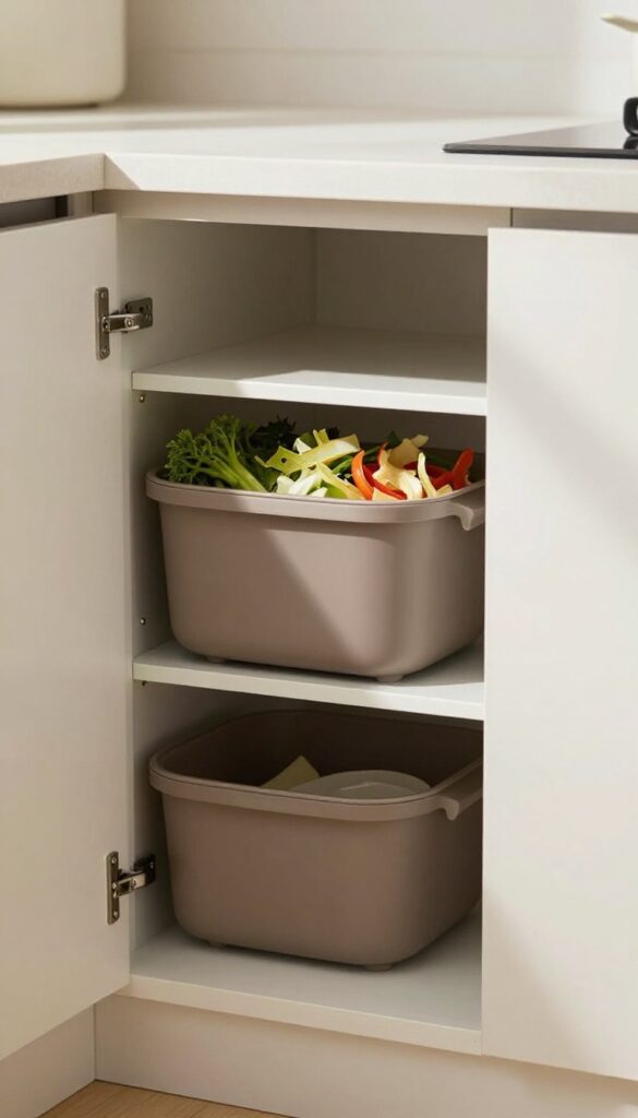 A slim mini bin mounted on the inside of a kitchen cabinet door, holding vegetable scraps, in a bright, organized kitchen.