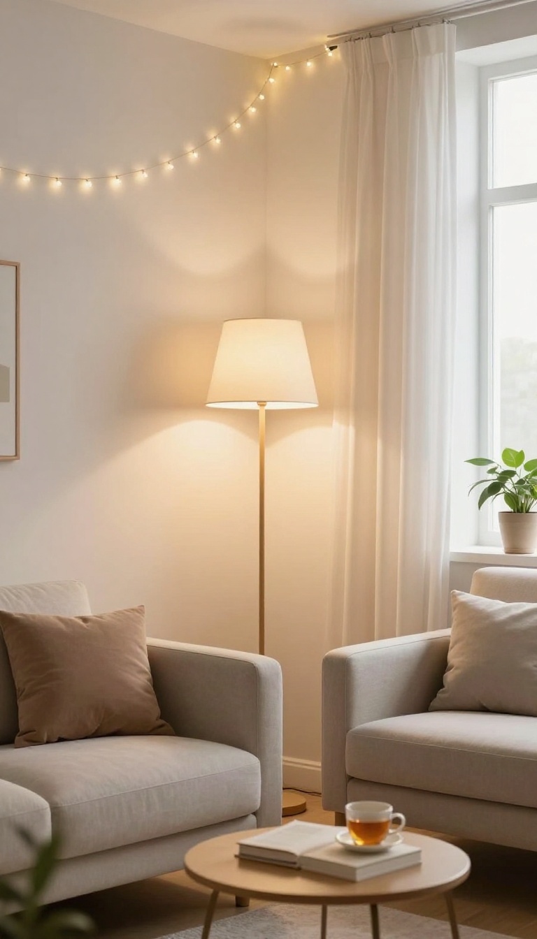 Cozy bedroom corner with warm string lights and floor lamp, highlighting a reading nook with chair and plant