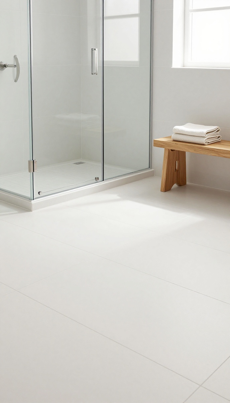 Large-format porcelain tiles in a modern tub shower with minimal grout lines and natural light