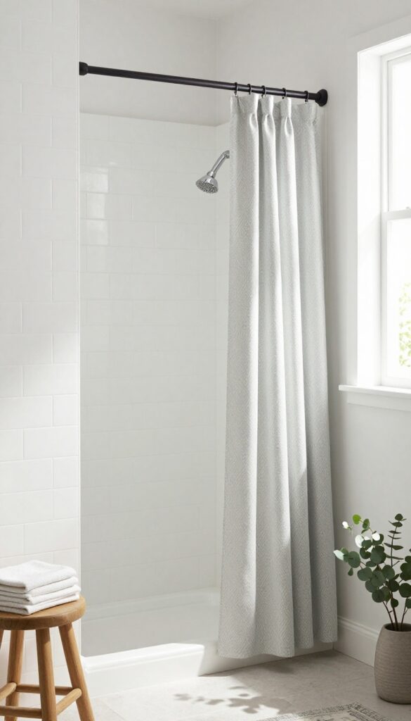 Compact bathroom shower with light gray patterned curtain on a tension rod, white tile, and eucalyptus plant.