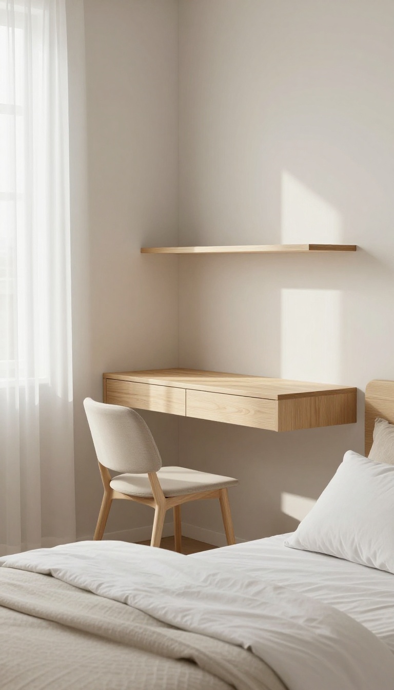 Small bedroom with a wall-mounted floating desk, keeping the floor clear and maintaining good proportions.