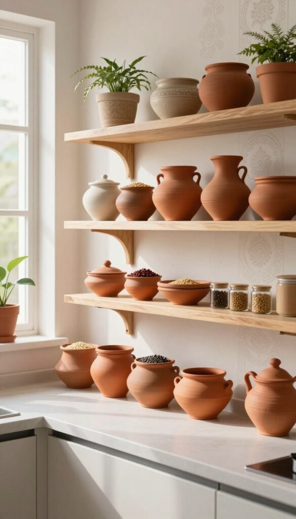 Clay pots and earthenware jars neatly arranged on a kitchen counter and shelves, with grains and spices visible, in warm natural light.