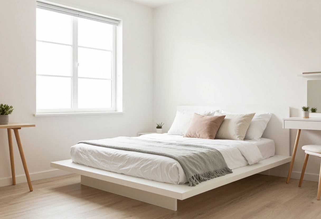 Small bedroom with platform bed, floating shelves, and mirror