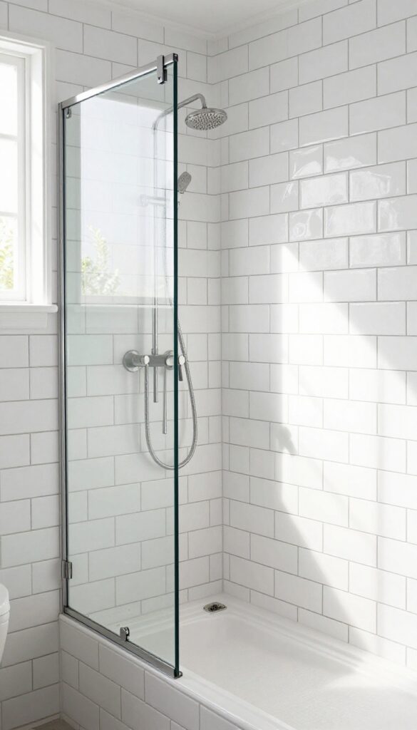 Bright white subway tile shower with dark gray grout in a sunlit bathroom