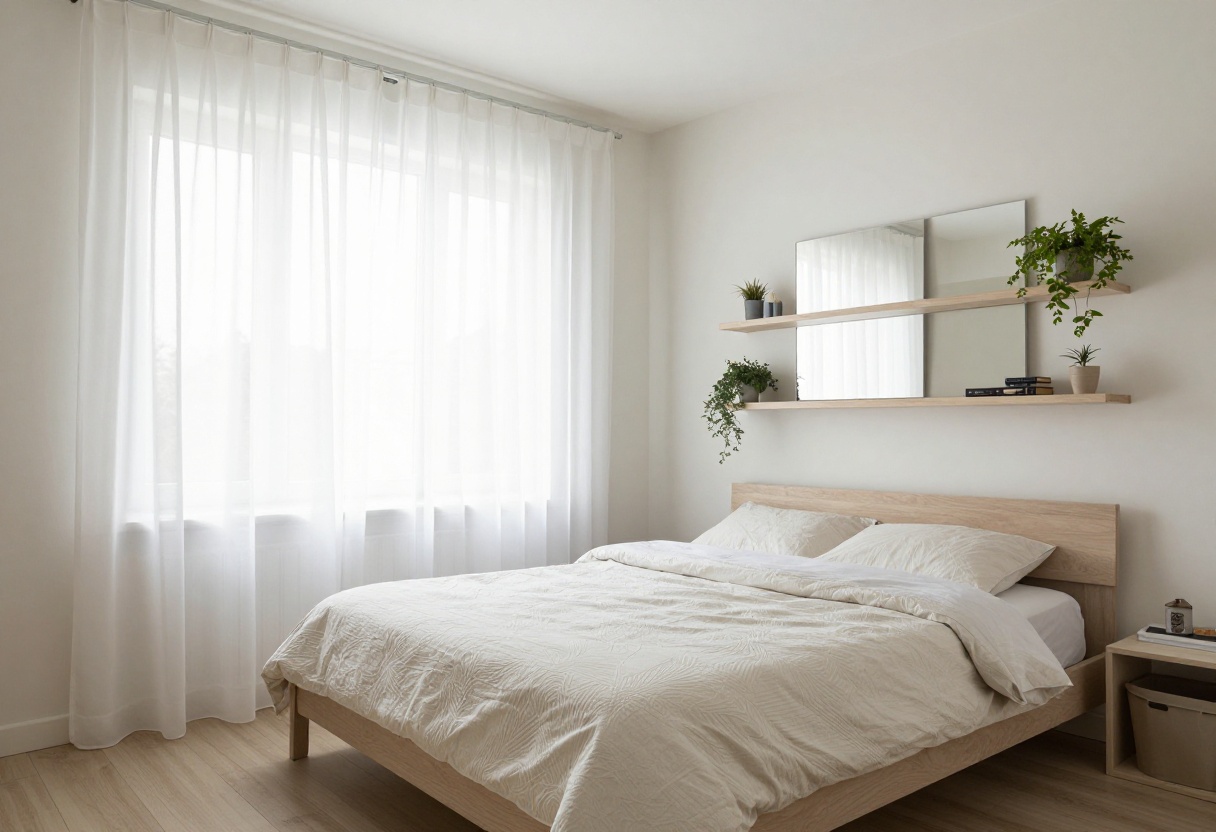 A small bedroom styled with smart storage and cozy decor, featuring a low bed, sheer curtains, and a reading nook.