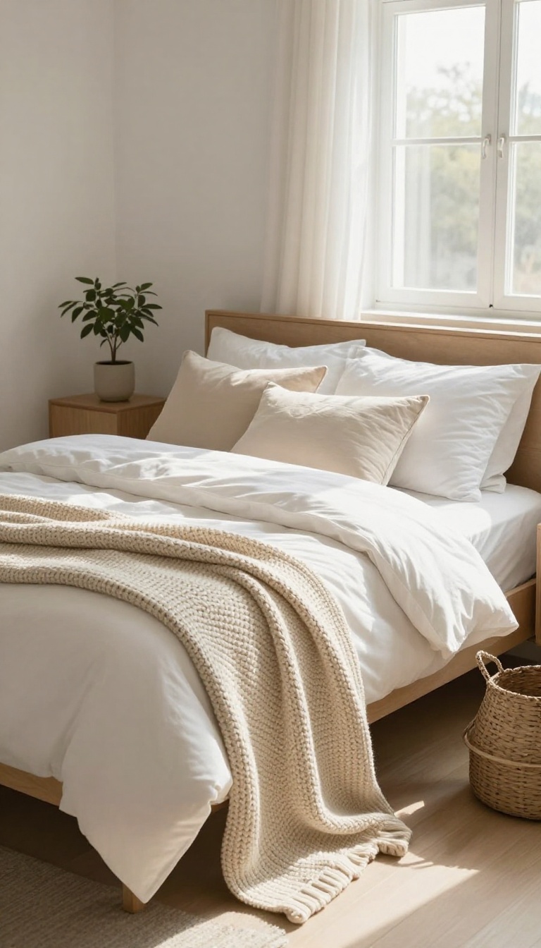 Cozy guest bedroom with a chunky knit throw blanket draped at the foot of the bed
