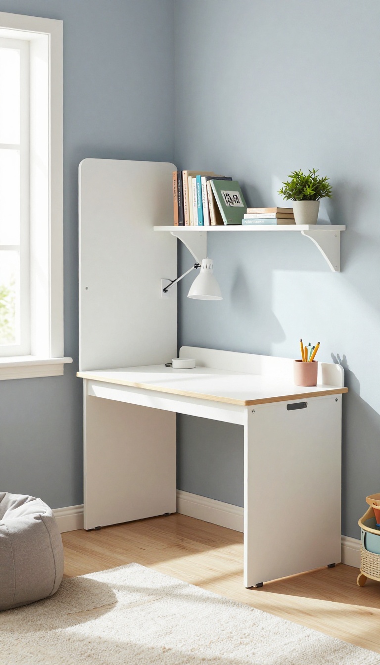 Fold-down desk closed in a small boy's bedroom, showing a clean, multifunctional space.