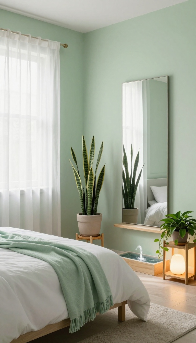 Cozy basement guest bedroom styled as a garden retreat with plants, natural light, and a water feature.