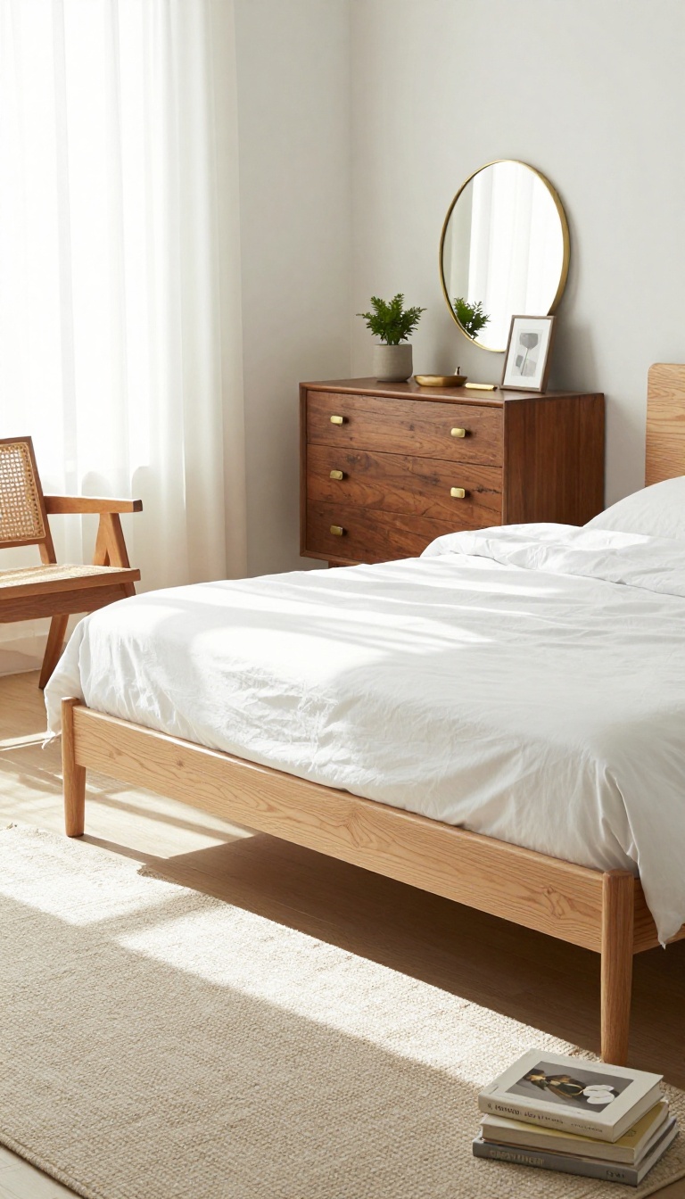 A small bedroom mixing a modern bed with a vintage dresser and brass mirror, creating a collected, layered look.