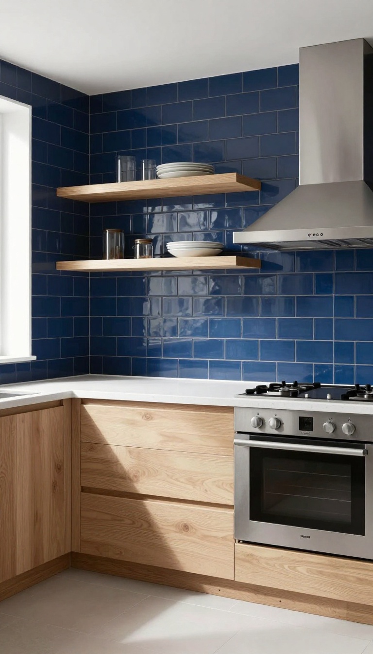 Navy herringbone tile backsplash in a bright modern kitchen with white quartz countertops and light wood shelving
