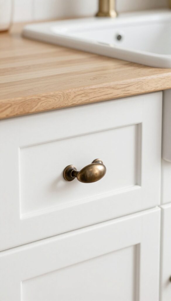 Classic cup pull drawer handle on a white cabinet in a bright farmhouse kitchen