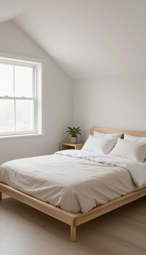 Low-profile bed frame in small bedroom under window with sloped ceiling and natural light
