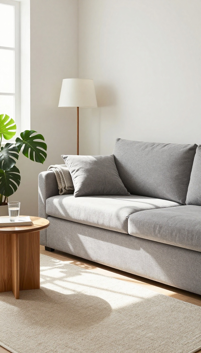 Cozy pull-out sofa bed in a dedicated guest corner with lamp, side table, and plant