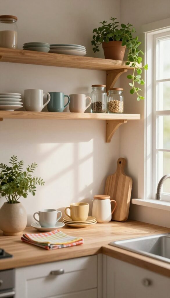 Open shelving in a cozy virtual kitchen with neatly arranged dishes, plants, and decor, creating a warm and inviting atmosphere.