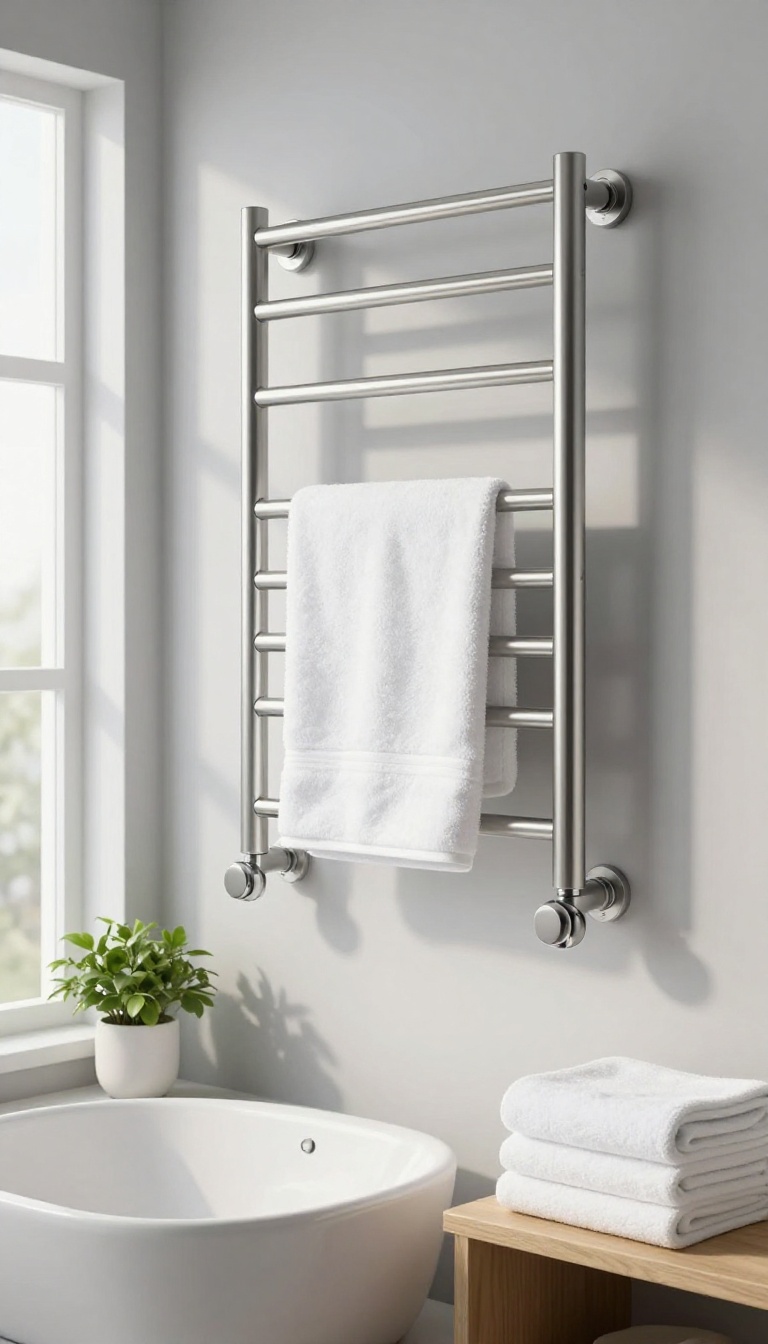 A modern guest bathroom with a heated towel rack holding a white towel, bathed in natural light.