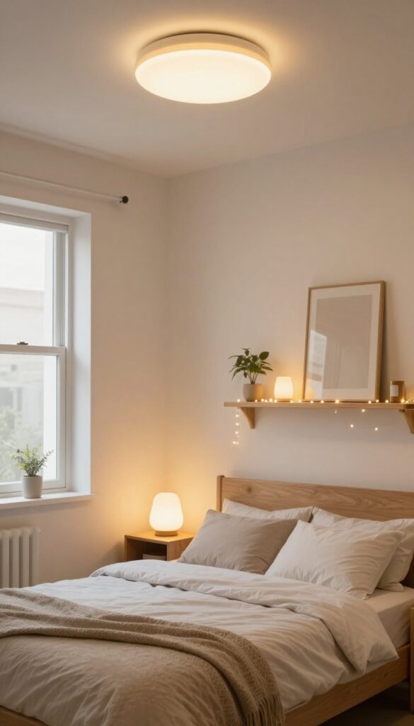 Small bedroom with layered warm lighting, including ceiling light, bedside lamp, and string lights, creating a cozy ambiance.