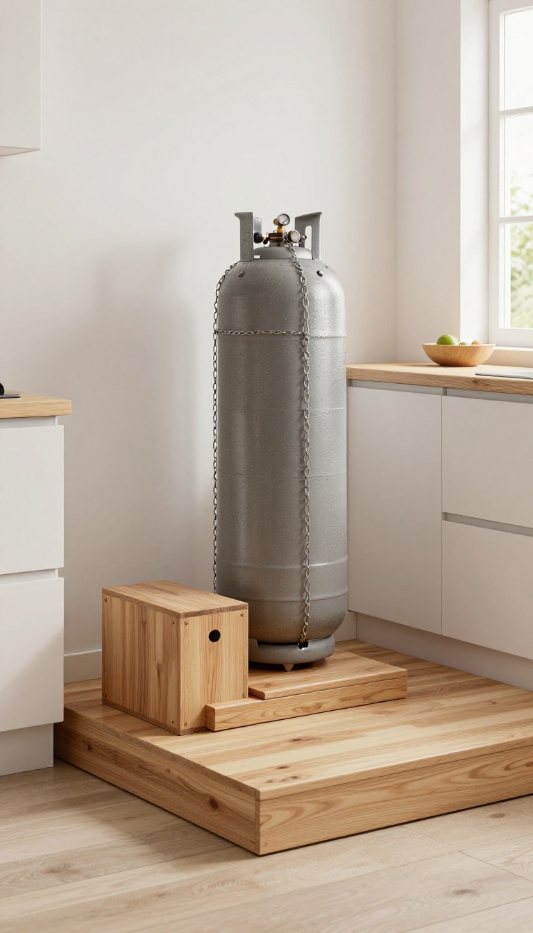 Elevated gas cylinder platform with a step in a bright kitchen