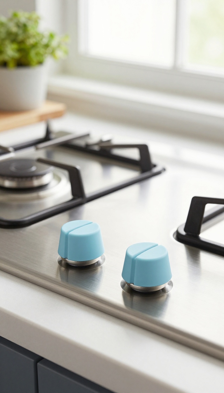 Modern kitchen gas stove with pastel blue silicone knob covers, clean and bright, emphasizing easy cleaning.