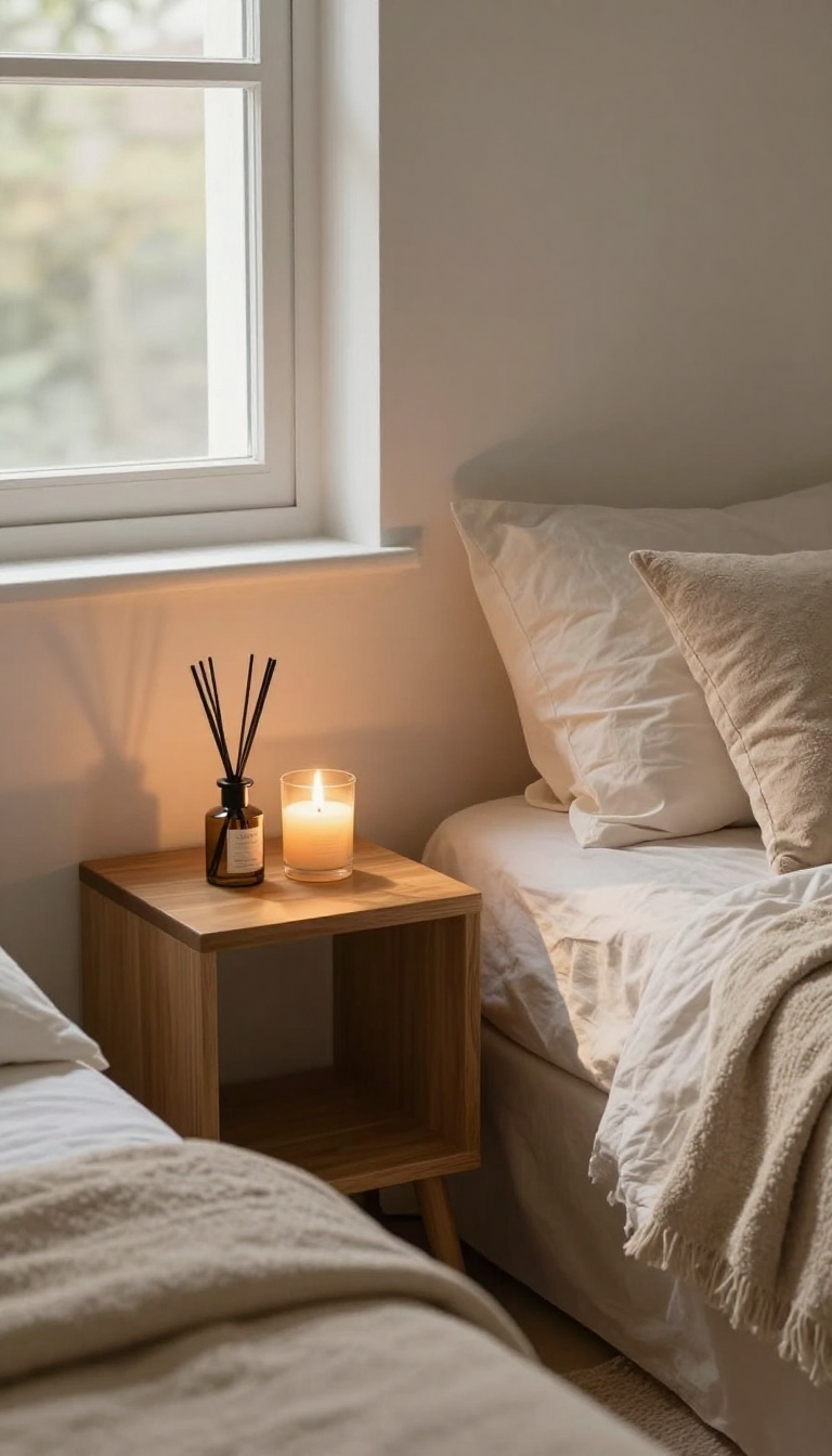 Cozy bedroom corner with scented candle and reed diffuser on a nightstand, soft lighting, serene spa-like atmosphere