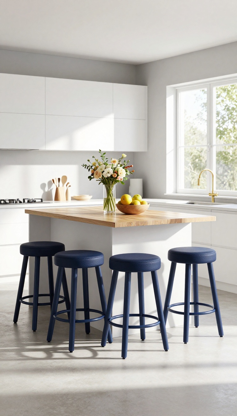 Navy bar stools at a white kitchen island with natural light