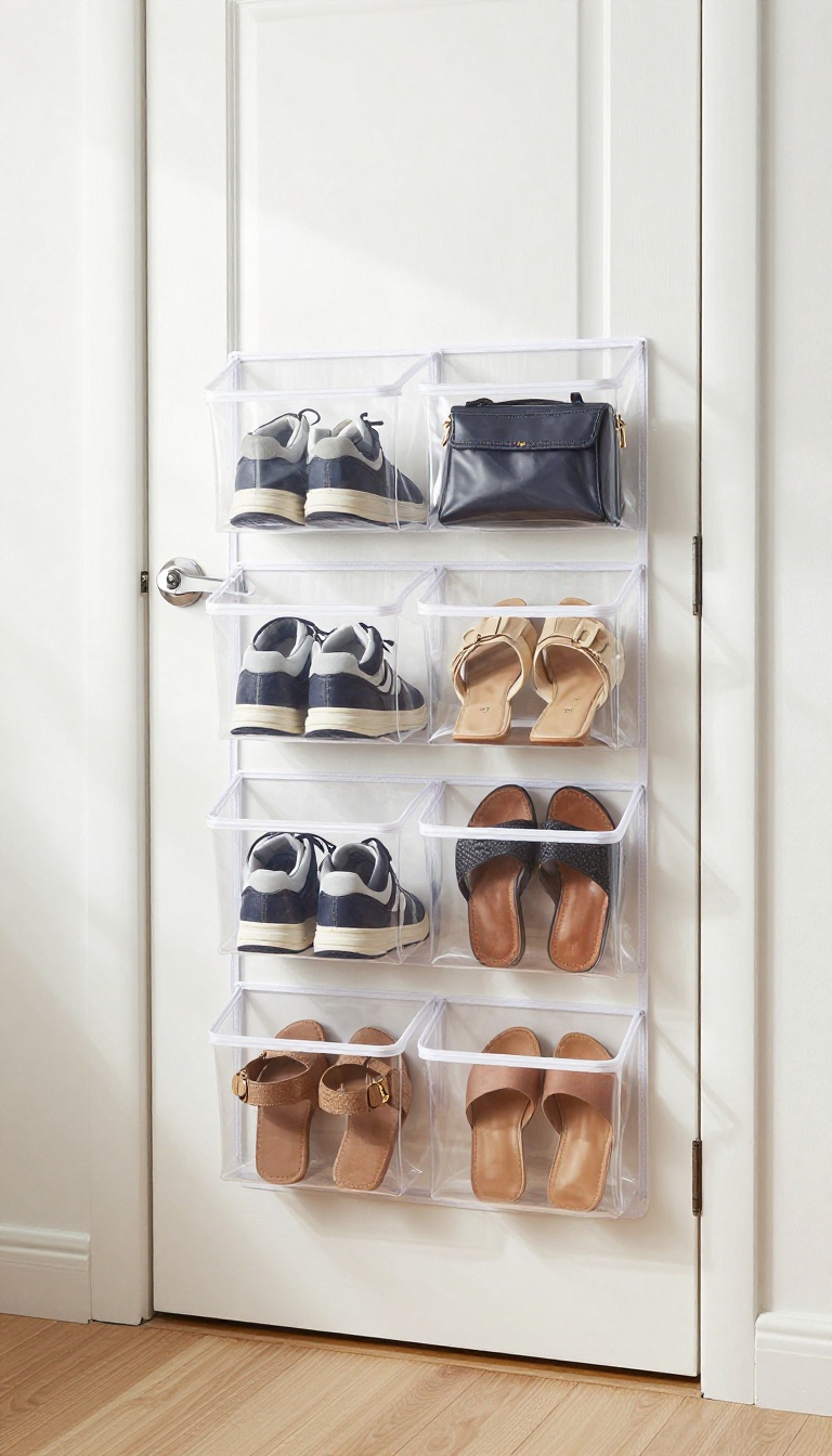 Over-the-door organizer on a bedroom door filled with shoes and accessories