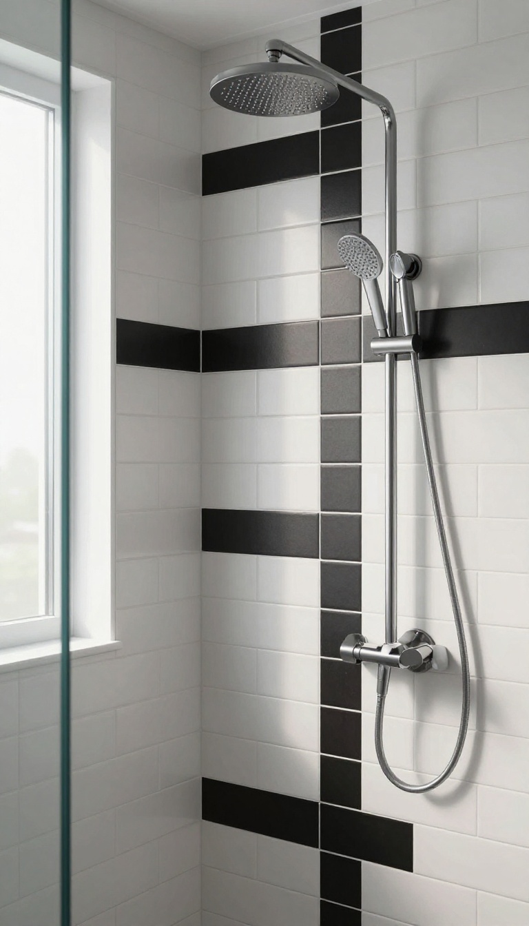 Modern bathroom shower with vertically stacked black and white subway tiles in alternating stripes, creating a graphic and spacious look.