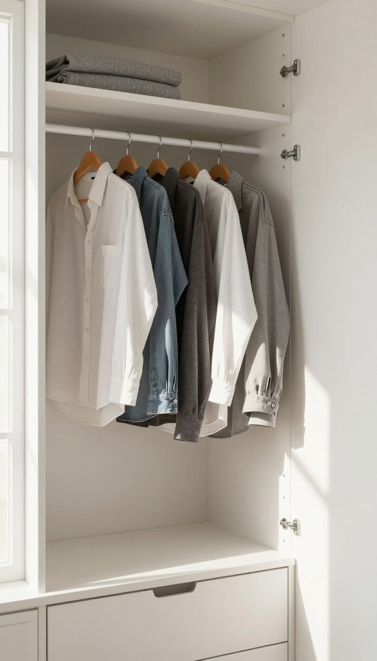 A corner closet rod installed diagonally in a small bedroom closet, providing extra hanging space for shirts and jackets.