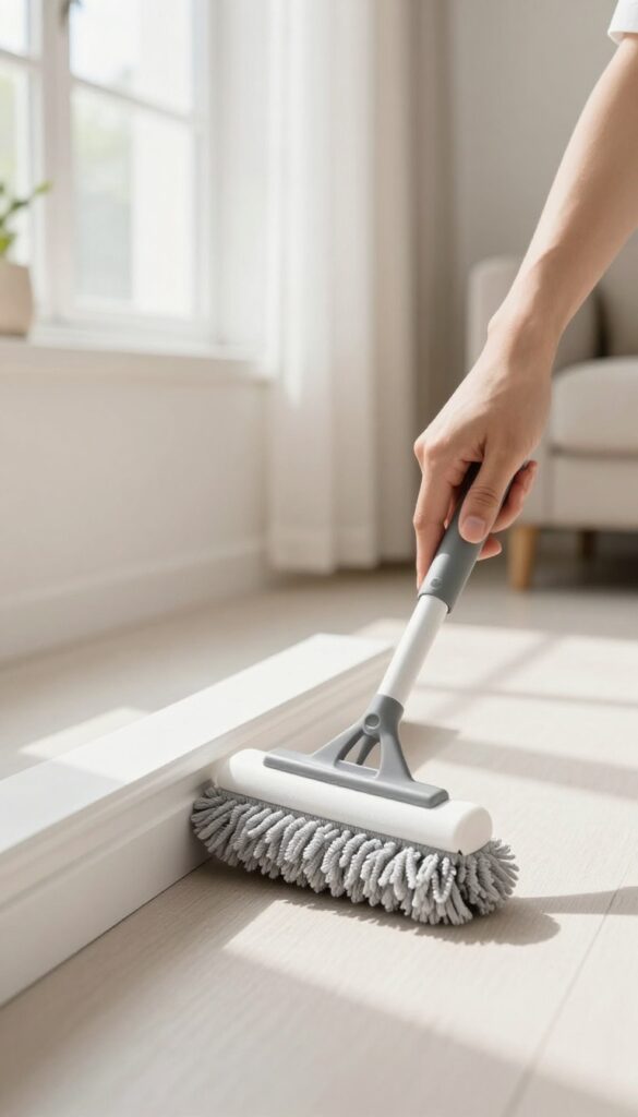 Person using a long-handled duster to clean a baseboard while standing upright in a bright living room