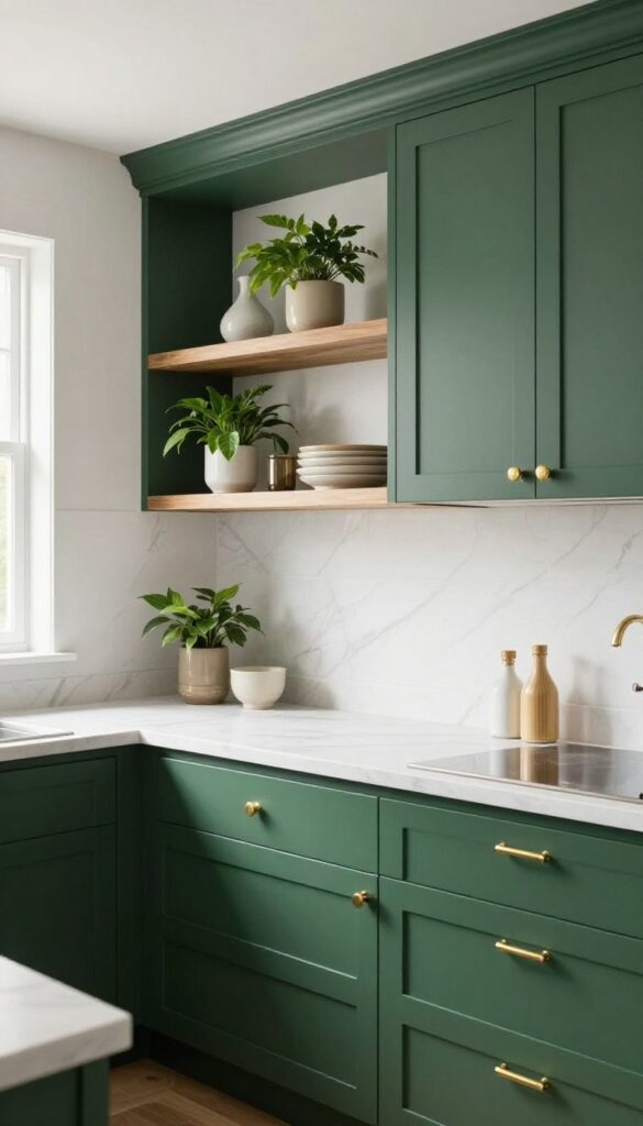 Deep forest green kitchen cabinets with brass hardware and white marble countertops