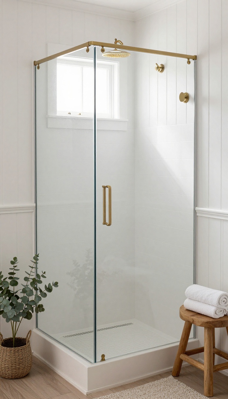 Farmhouse shower with white shiplap wainscoting and beadboard walls, bright natural light, cozy rustic bathroom interior