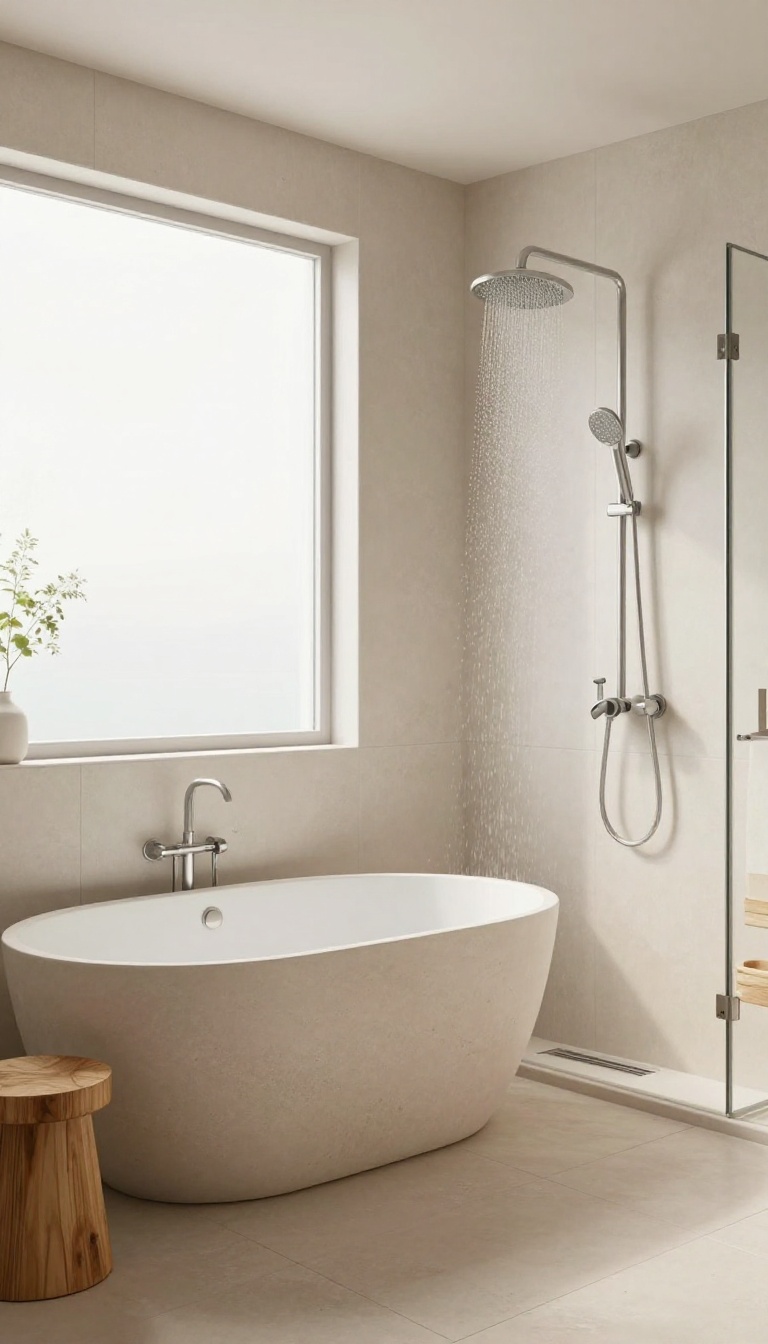 Japanese soaking tub with separate shower in a bright, modern bathroom