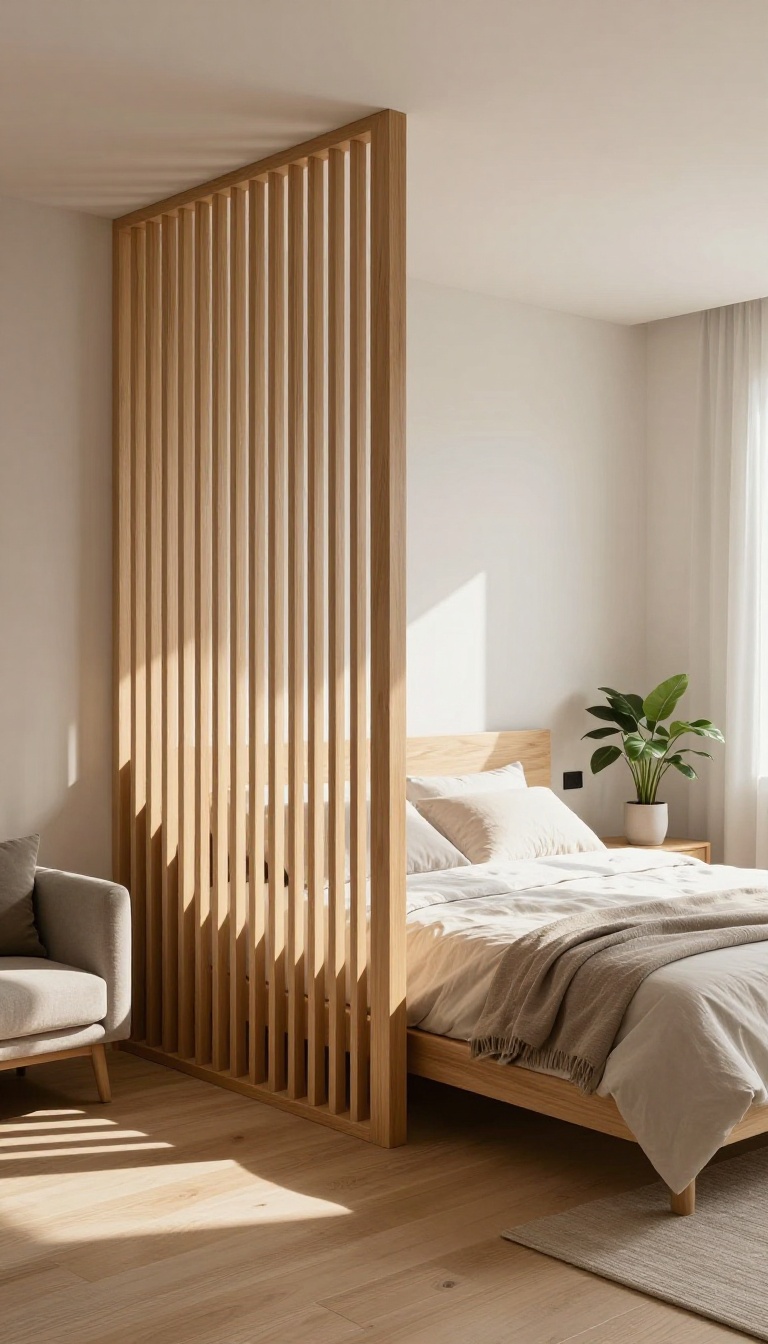 Small modern bedroom with a wooden slat room divider separating the bed from a cozy living area, bright natural light, minimalist decor