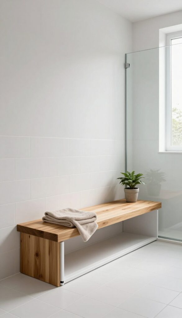 Floating wooden shower bench with hidden under-bench storage in a bright modern bathroom