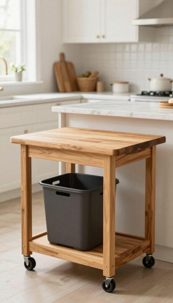 Rolling cart with bins and butcher block top in a bright, organized kitchen
