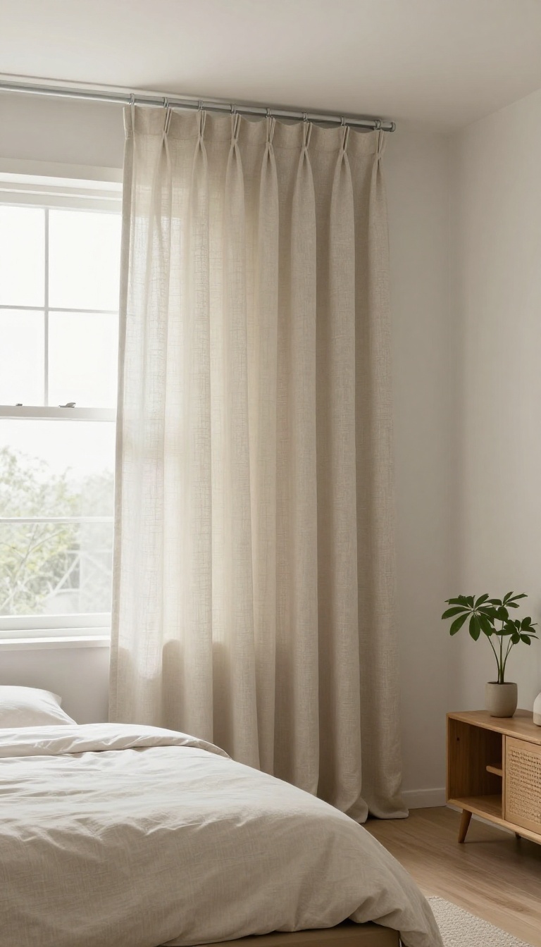 Small bedroom with ceiling-mounted curtain around the bed, creating a private cocoon for couples