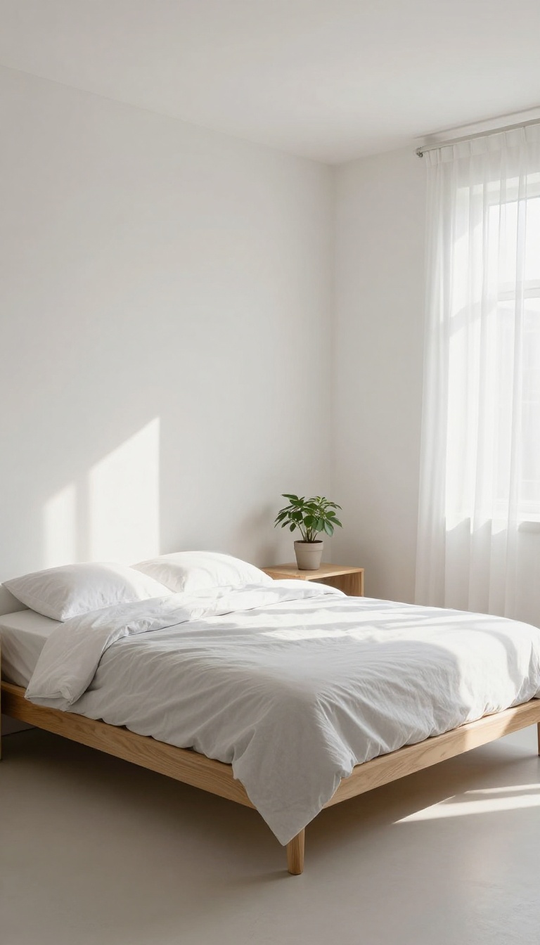 Small bedroom with a low-profile bed and no footboard, creating an open and airy feel.