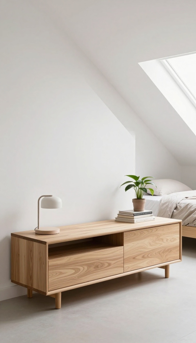 Low horizontal wardrobe in a small bedroom with decor on top, modern minimalist style, bright natural light