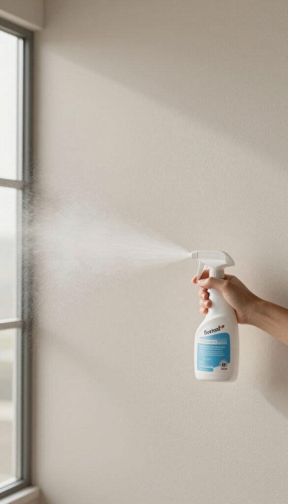 Hand spraying a commercial wall cleaner on a wall, with a clean streak visible