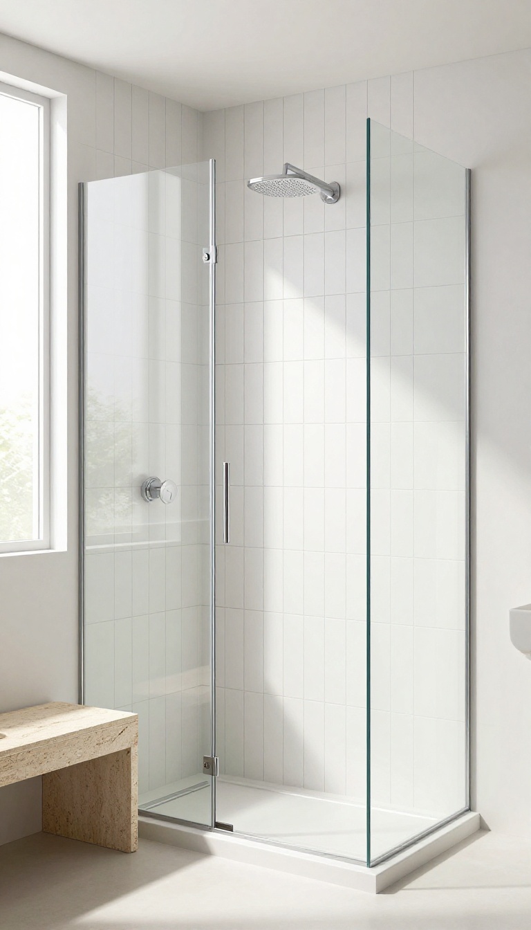 Modern bathroom shower with vertical stacked white tiles, glass enclosure, and natural light