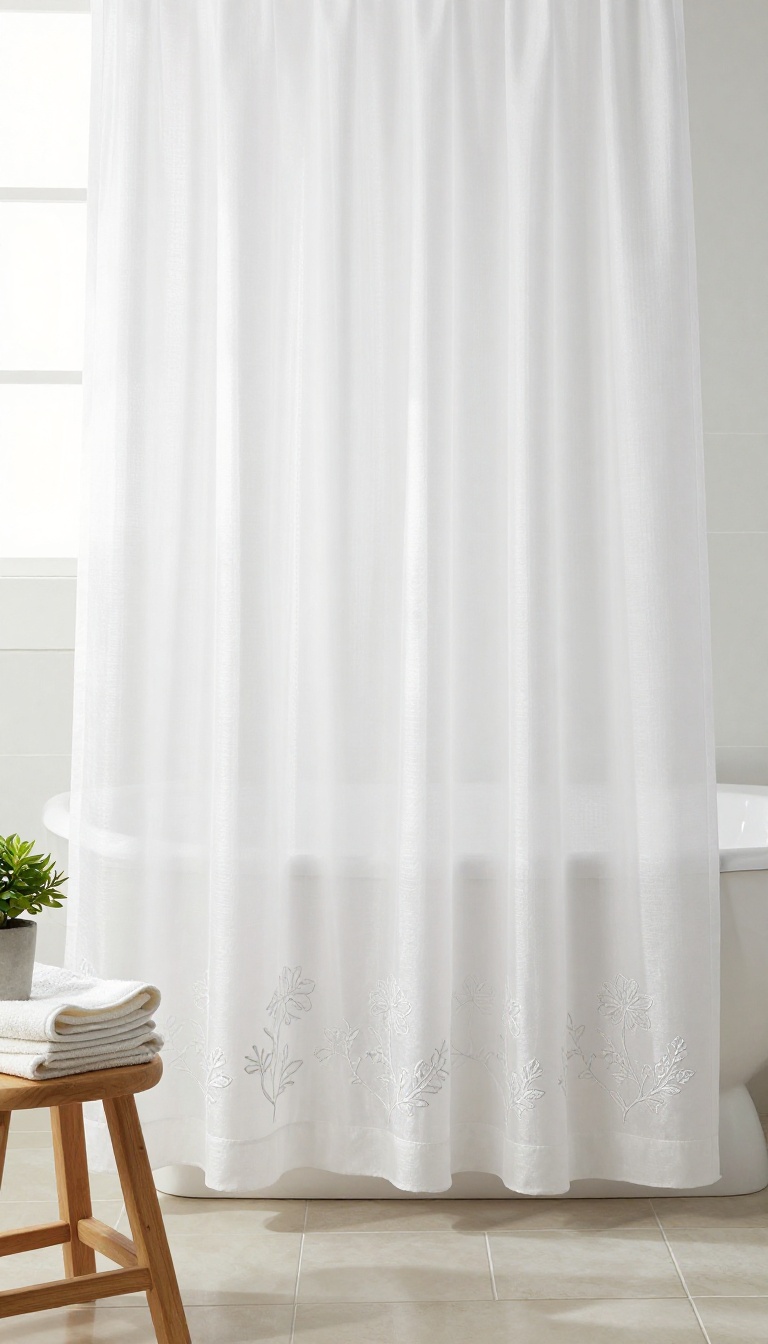 White embroidered shower curtain in a bright bathroom with soft light and natural decor.