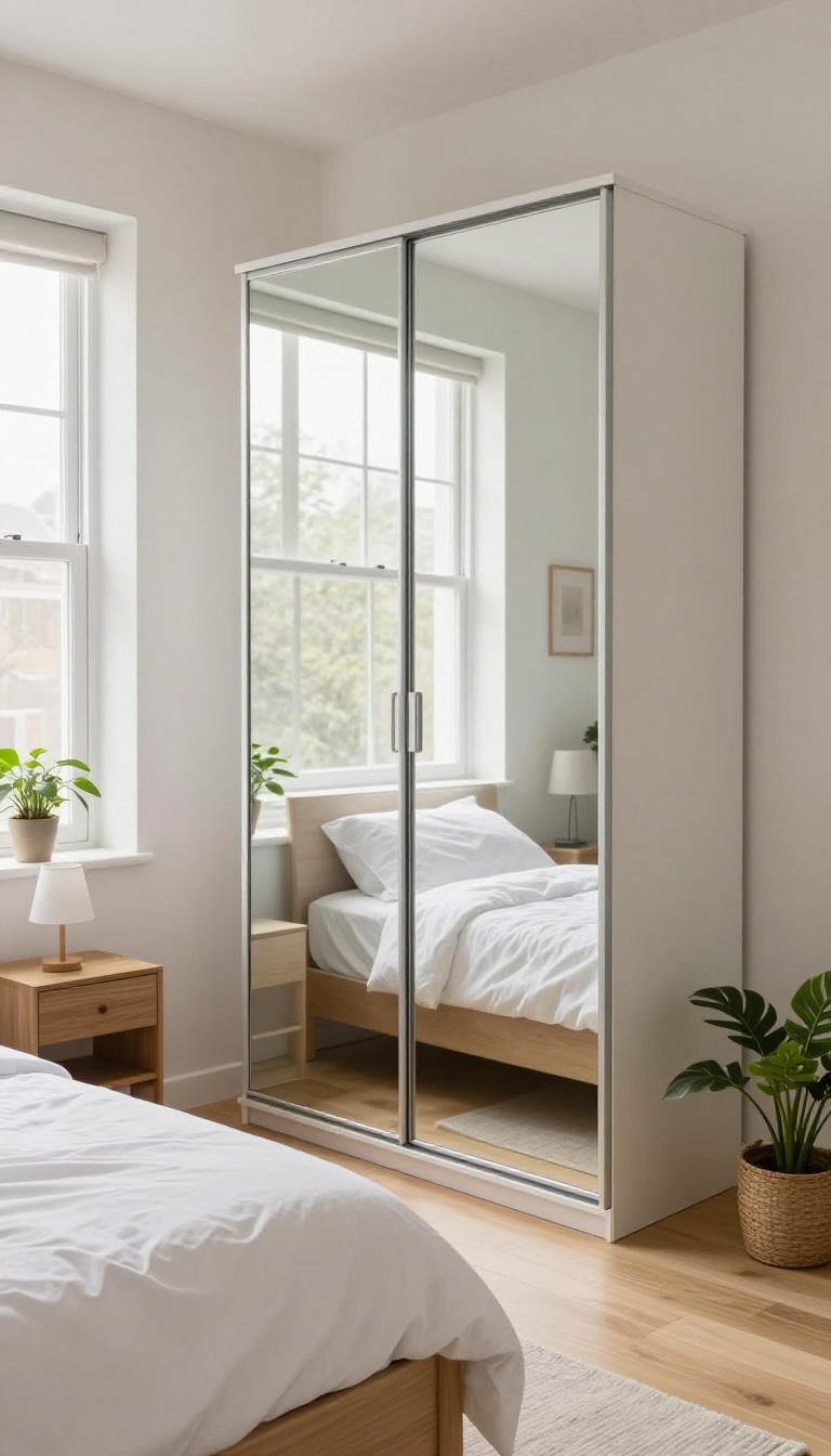 Small bedroom with a mirrored wardrobe reflecting light from a window, making the space feel larger and brighter.
