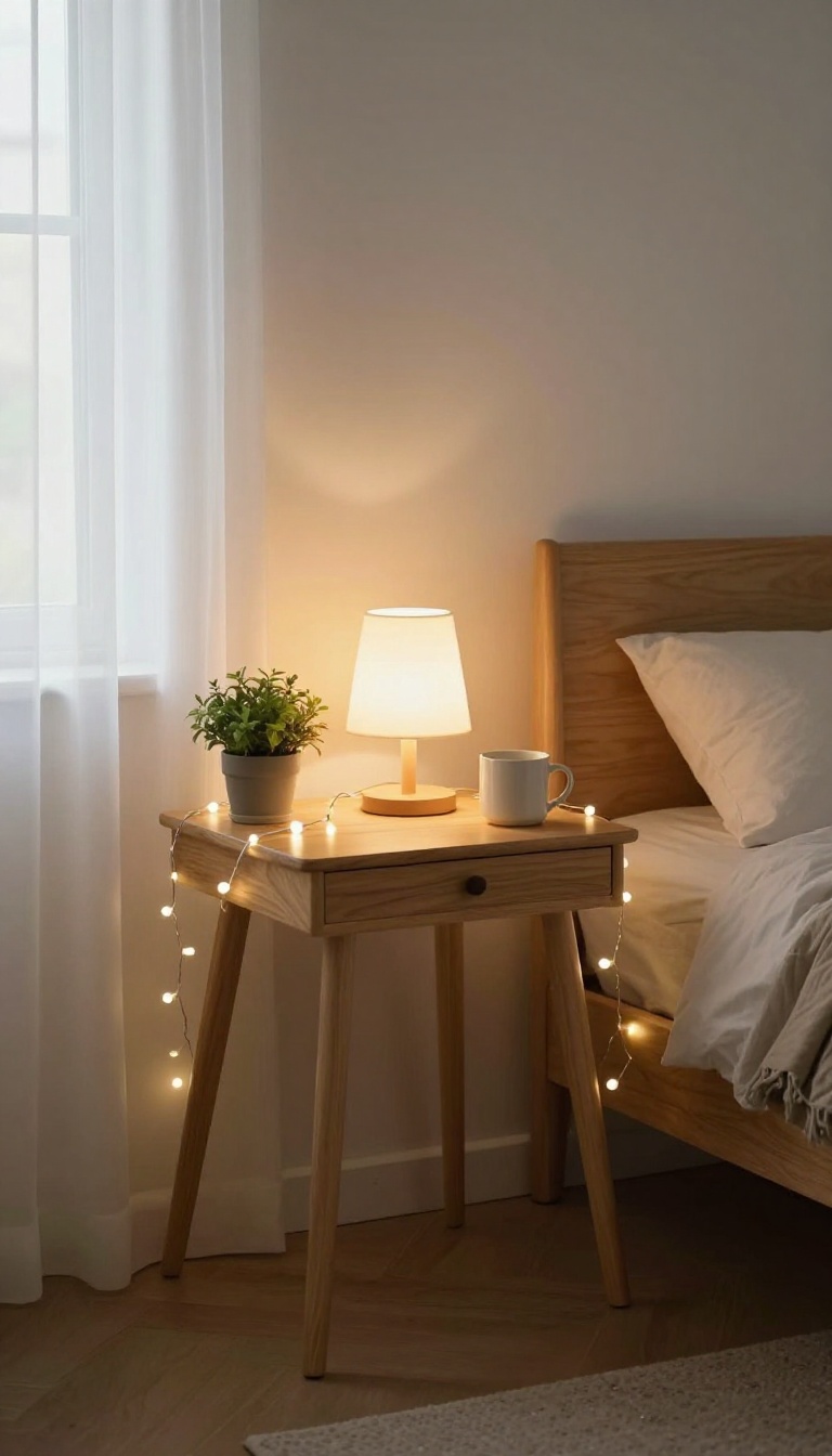 Cozy bedroom desk with fairy lights and warm lamp