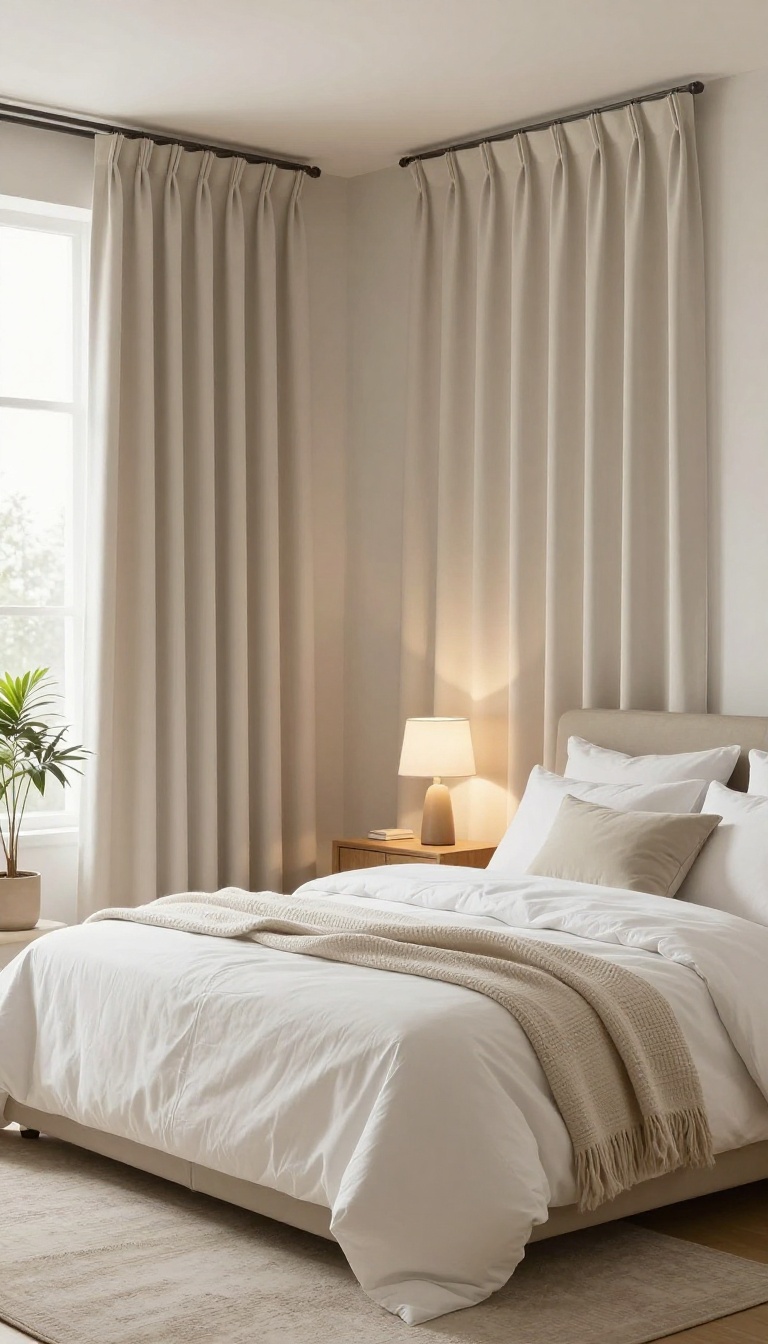 Guest bedroom with blackout curtains drawn, creating a dark and restful sleeping environment with warm bedside lighting.
