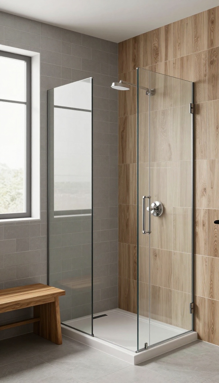 Modern bathroom shower with grey tiles and a wooden bench accent for a warm, balanced look.