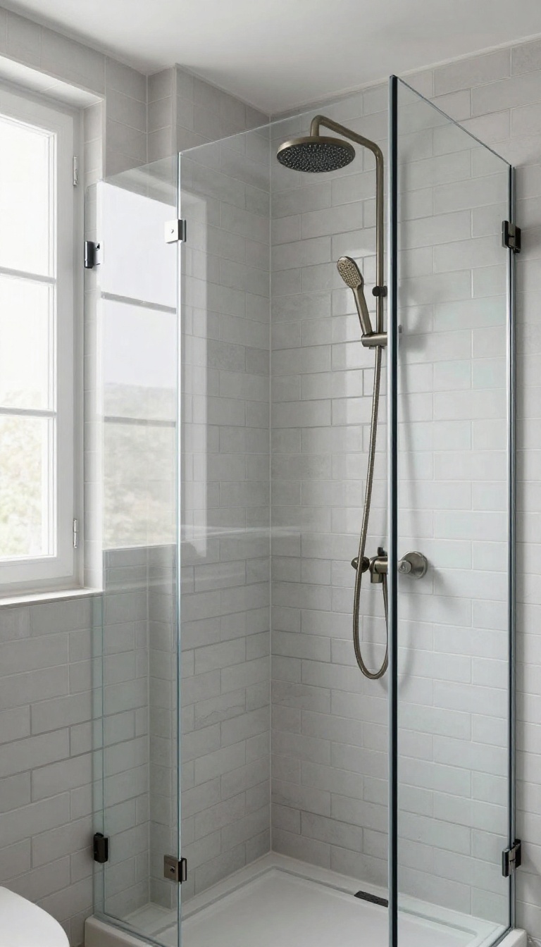 Modern shower with light grey subway tile and dark charcoal grout for contrast
