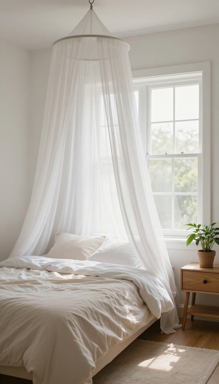 A small bedroom with a sheer canopy over the bed, creating a cozy and dreamy focal point