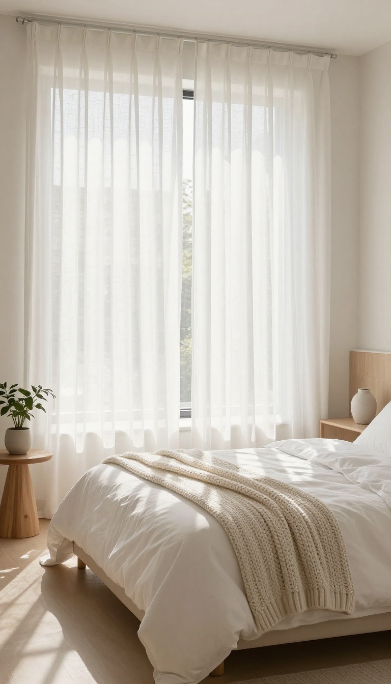 Cozy modern guest bedroom with white linen blackout curtains and soft natural light