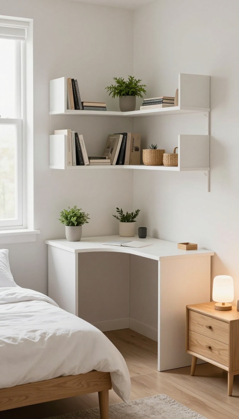 Bright guest bedroom with a compact corner desk and vertical shelves, leaving the main area open for a cozy bed.