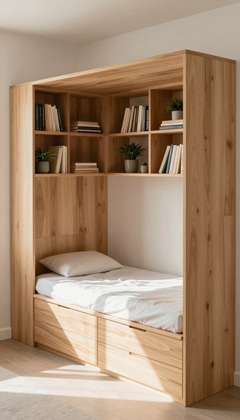 Small bedroom with built-in storage around the bed, including shelves and drawers, in a bright, airy space.